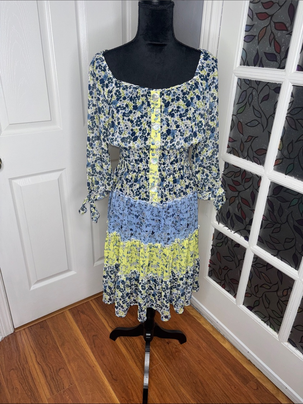 fig and flower Blue and Yellow Floral Tiered Midi Dress
